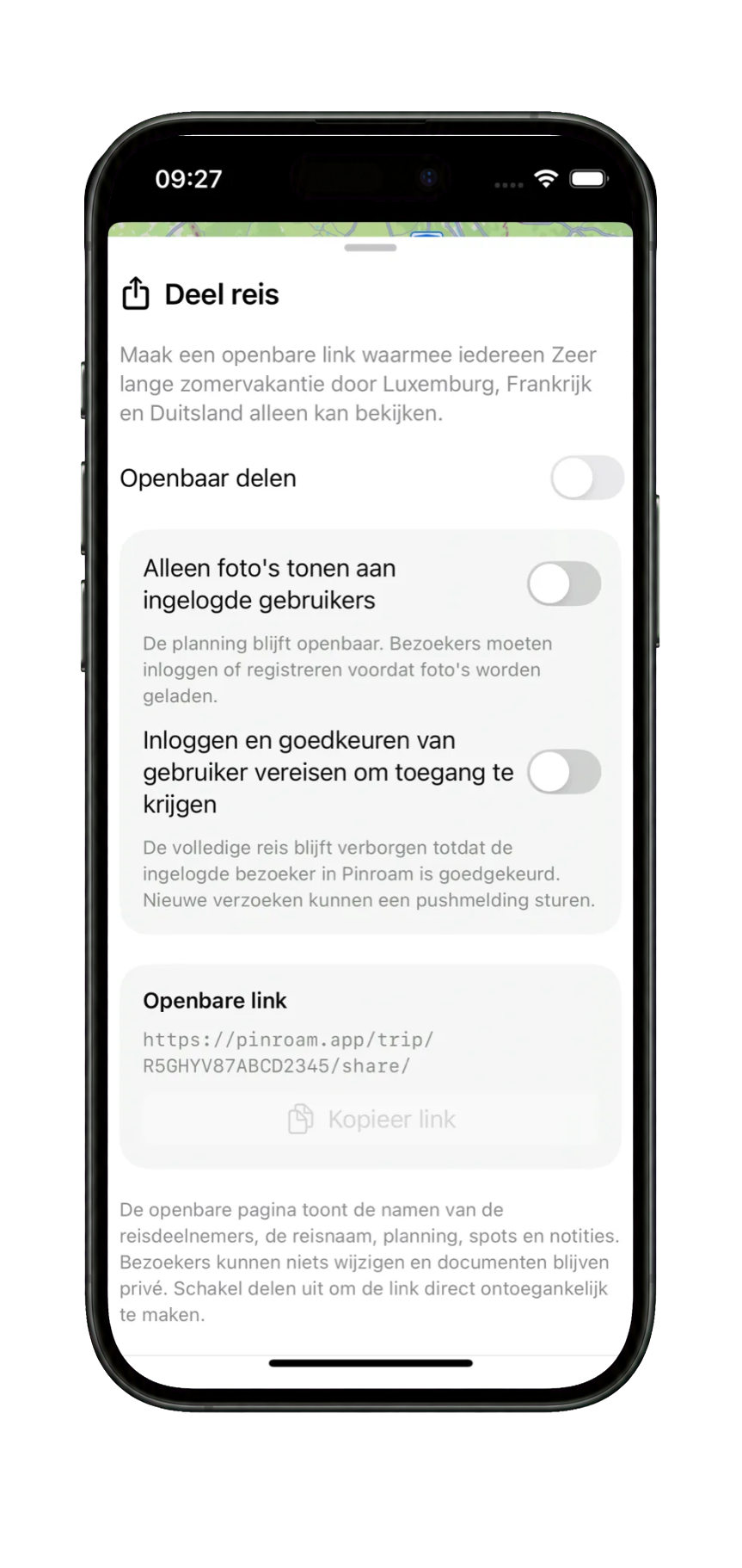 Openbare deelinstellingen in PinRoam